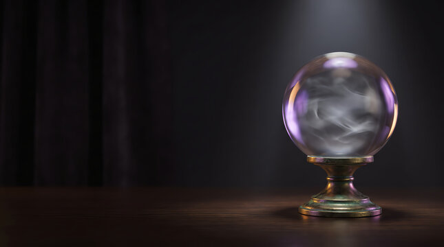 Glowing Magic Crystal Ball with Smoke on Wooden Table in Dark Room