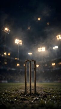 Cricket Stumps on Pitch Under Bright Stadium Floodlights at Night Match