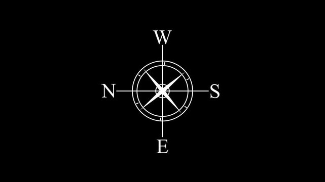Vintage black and white compass navigation illustration showing cardinal directions, circular compass rose, and directional needle on a clean background.