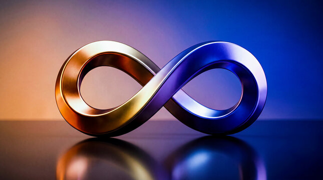 A metallic infinity symbol with a gradient transition from warm gold to cool blue, reflecting on a smooth surface against a soft, dualtoned background