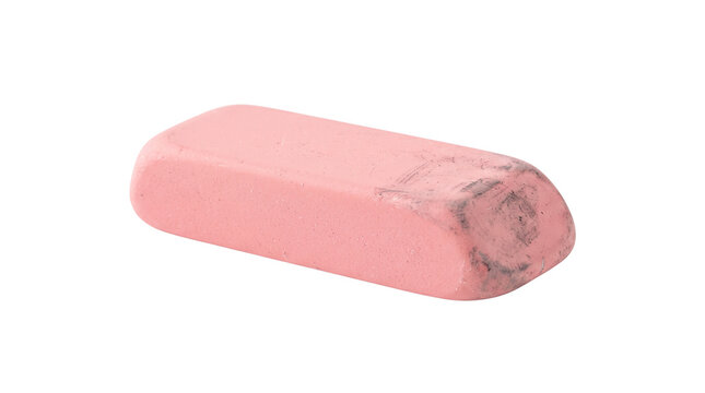 Pink rubber eraser with graphite smudge marks, classic school stationery supplies, used rectangular pink eraser for drawing and office correction isolated PNG with Transparent Background