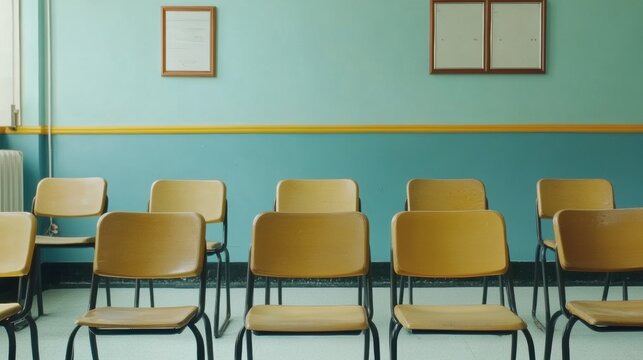 Empty classroom with rows of vintage wooden chairs and pale blue walls