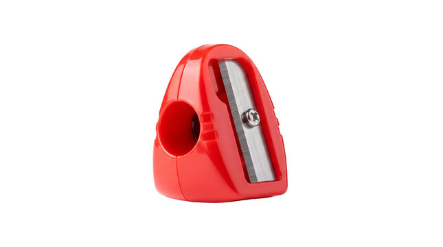 Red plastic pencil sharpener with steel blade, manual sharpening tool for school and office, vibrant red stationery accessory for students isolated PNG with Transparent Background
