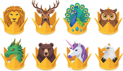 Obraz premium Eight Colorful Animal Crown Character Illustrations