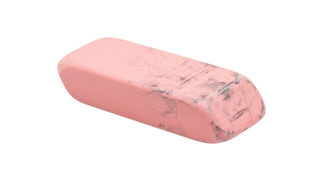 Pink rubber eraser with graphite smudge marks, used school stationery for correction, classic rectangular block eraser for drawing and writing isolated PNG with Transparent Background