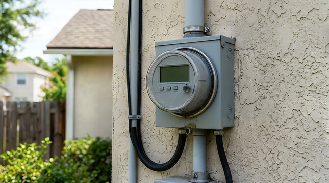 Digital residential electricity meter mounted on the exterior wall of a home