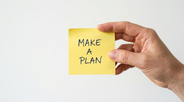Motivational Hand Holding Yellow Post-it with Plan Writing.