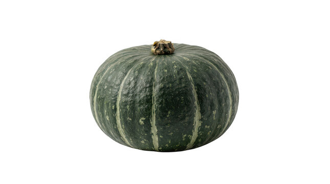 A whole kabocha squash with dark green skin and light green stripes, isolated on transparent background