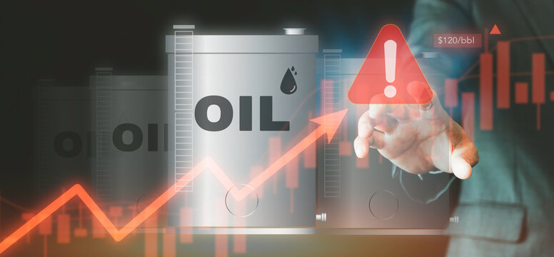 Businessman touching crude oil price surge warning concept. Energy crisis, oil barrel storage, stock market chart growth arrow, high inflation risk, and commodity trading strategy.