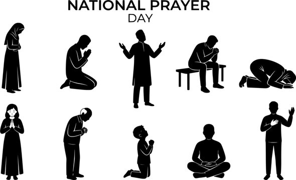 National Prayer Day vector illustration set of people praying in various postures kneeling standing sitting prostrating multicultural men women and children black silhouette isolated 
