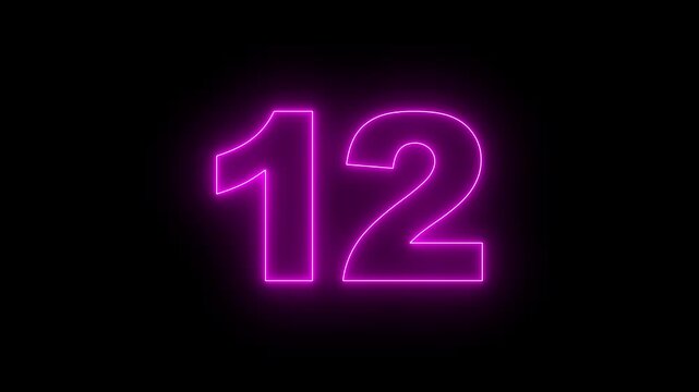 Neon text 12 number countdown icon, neon number 12 with alpha channel, neon numbers, Bright neon glowing number 12 on background 4k animation