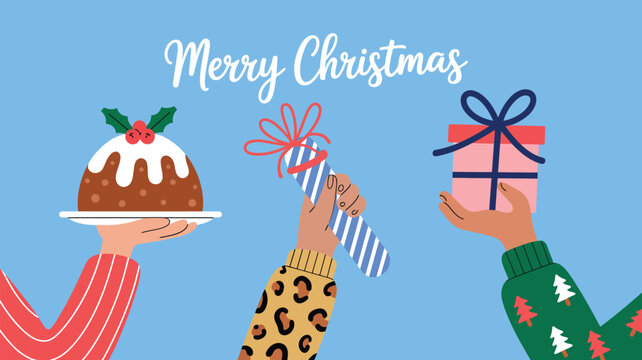 Christmas illustration with hands holding a pudding, a gift, and a candy cane on a blue background