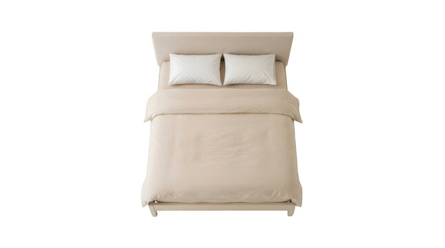 Top view of a modern beige bed with two white pillows and a duvet, isolated on transparent background