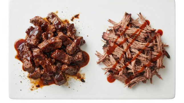 Top view of two types of barbecue beef, cubed brisket with thick sauce and shredded pulled beef with drizzle, isolated on transparent background