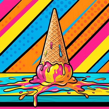 A vibrant pop art poster of an inverted ice cream cone, melting onto a table. 