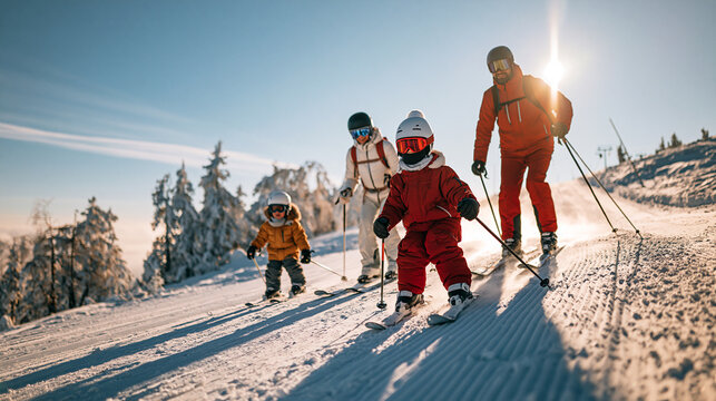 Family of four enjoys skiing on a sunny mountain day