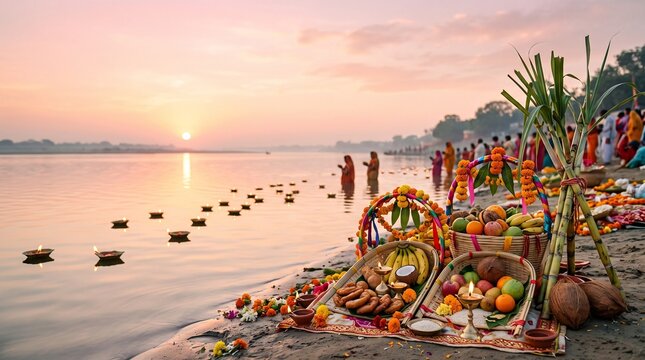 Elegant Chhath Puja offering arrangement with traditional bamboo baskets, fruits, sweets, sugarcane and river scenery.