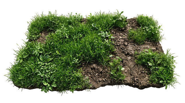 Section of fresh green grass patch and moist soil isolated on transparent background for landscaping and garden design.