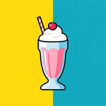 A vibrant pop art poster of a milkshake glass with a single cherry. 