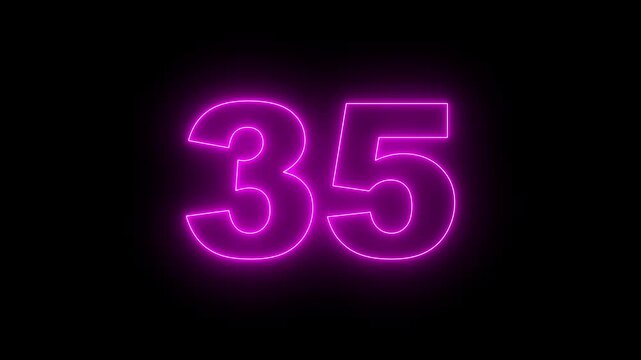 Neon text 35 number countdown icon, neon number 35 with alpha channel, neon numbers, Bright neon glowing number 35 on background 4k animation