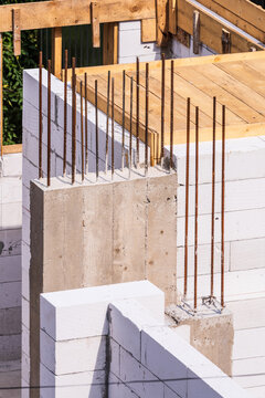 Concrete Block Walls and Reinforcement Steel Under Construction.