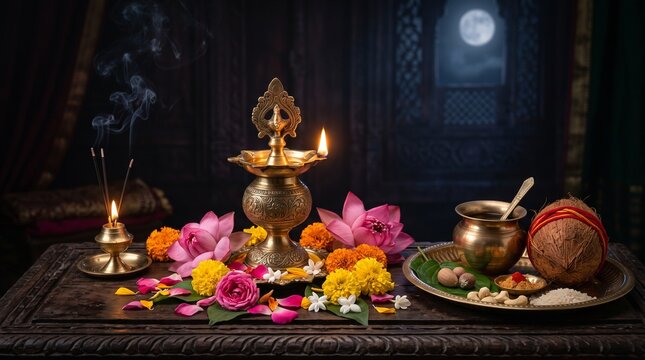 Elegant Kartika Purnima still life featuring brass lamps, lotus flowers, incense and traditional offerings.
