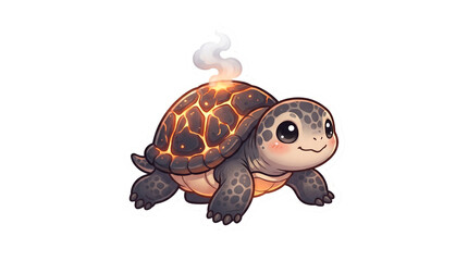 Obraz premium Fantasy lava turtle character with smoking volcanic shell, cute baby fire tortoise illustration, mythical creature on white background