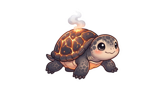 Fantasy lava turtle character with smoking volcanic shell, cute baby fire tortoise illustration, mythical creature on white background