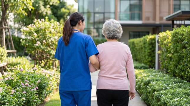 Caring nurse supporting an elderly woman while walking together in a peaceful residential garden