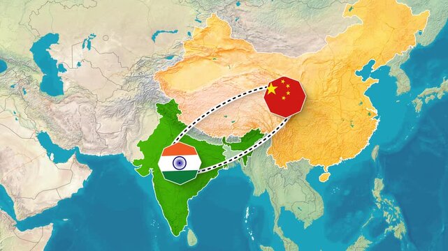 Digital map animation of India and China showing geopolitical connections