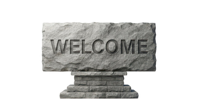 A stone sign with the word welcome carved into it, mounted on a stone pedestal, isolated on transparent background
