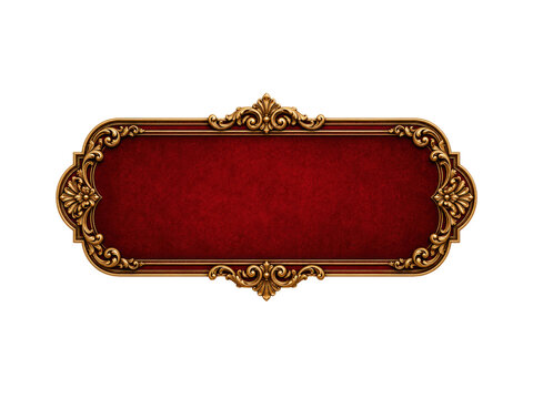 Luxurious gold ornate frame with deep red velvet background vintage decorative signboard for royal invitation.