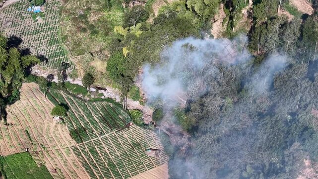 Aerial drone captures smoke from open burning between agricultural terraces and forested hill at Wonokerto