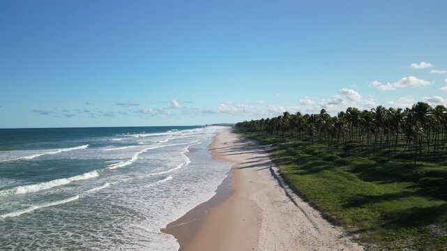 Vista a&eacute;rea da praia paradis&iacute;aca do Franc&ecirc;s, com ondas para surfe, faixa de areia deserta e coqueiros perto de Macei&oacute;, em Alagoas