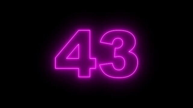 Neon text 43 number countdown icon, neon number 43 with alpha channel, neon numbers, Bright neon glowing number 43 on background 4k animation