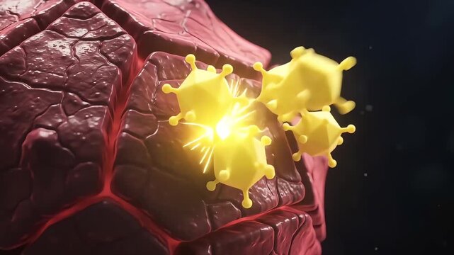 Microscopic virus particles attacking a biological cell structure