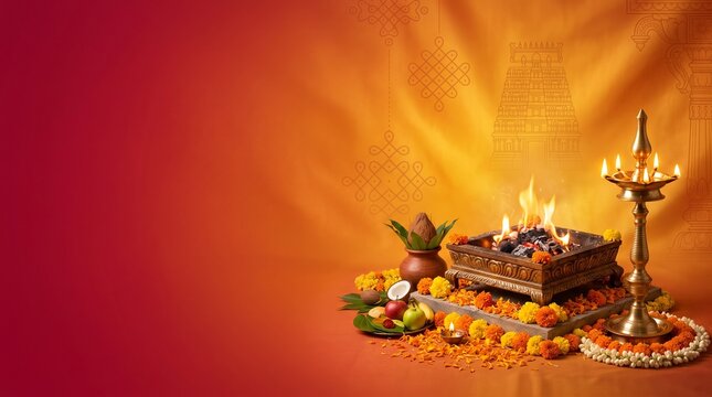 Minimal Theemithi festival banner with sacred fire elements and a rich crimson-orange gradient