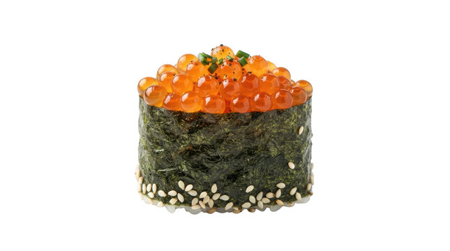 Ikura gunkan sushi roll topped with salmon roe and chives isolated on transparent background