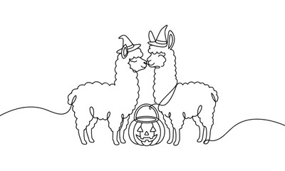 Fototapeta premium Continuous line of two cute llamas wearing witch hats standing next to a carved jack-o-lantern pumpkin for a fun halloween celebration on a white background