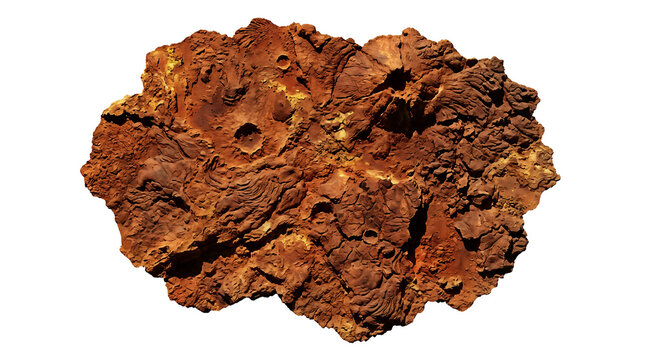 Top view of Mars planet surface piece with craters and rocky formations.
