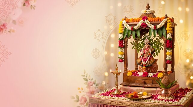 Elegant Tulsi Vivah banner with a decorated Tulsi plant, wedding mandap and soft romantic gradient.