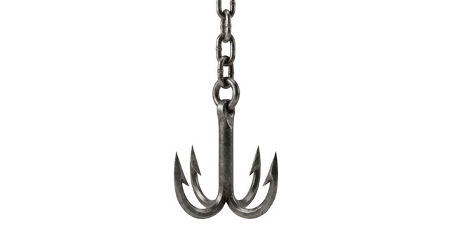 A heavy metal grappling hook with four sharp prongs hanging from a sturdy iron chain, isolated on transparent background