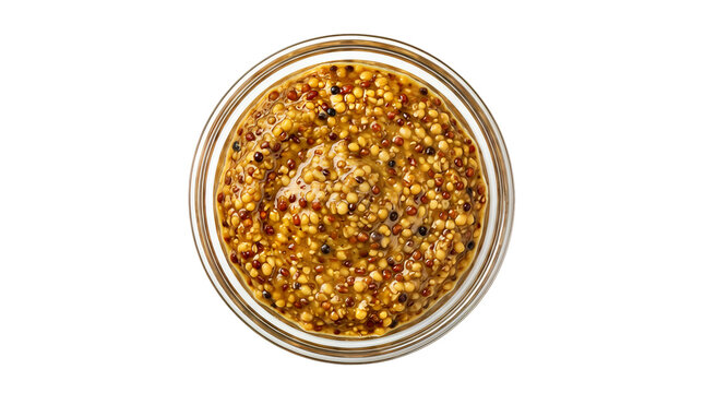 Wholegrain French mustard in glass bowl isolated on checkered background.