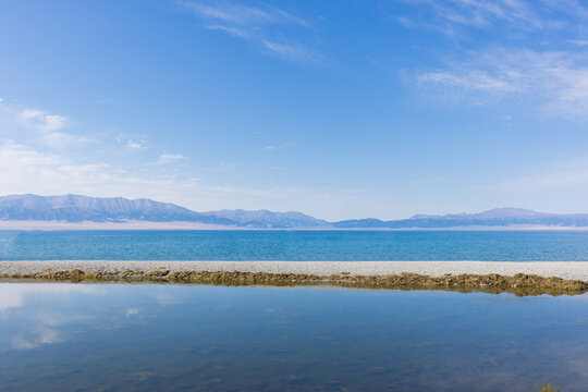 Calm Mountain Sayram lake in Xinjiang province China With Clear Blue Sky Reflection