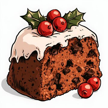 Christmas fruitcake slice with icing, holly and berries, festive holiday dessert illustration