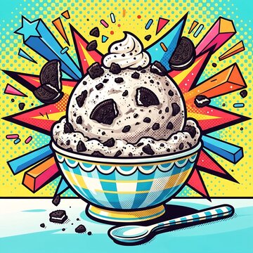 A vibrant pop art poster of a cookies and cream scoop, Oreo chunks. 