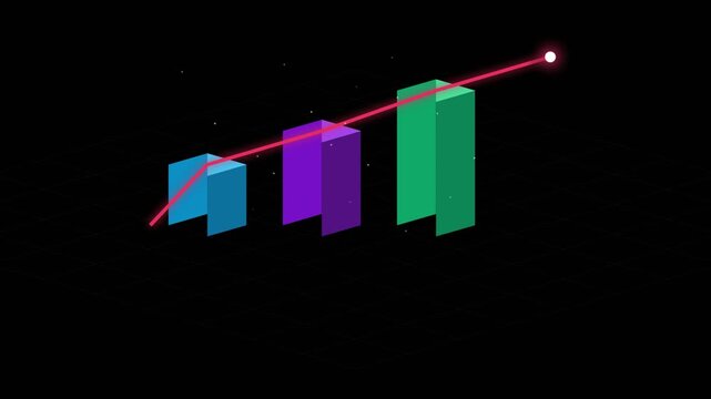 Isometric 3D bar chart growth animation with glowing trend line