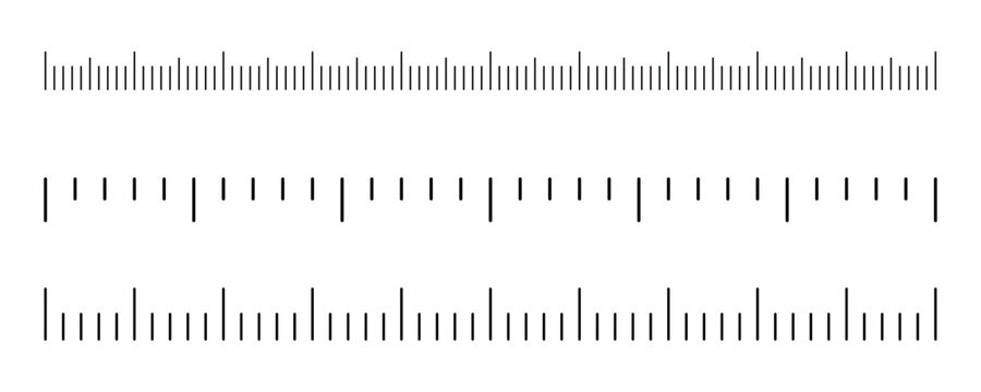 Parallel rows black measurement ruler scale isolate on white background. Centimeter and inch size indicators ruler scale to represent quantification and sizing.