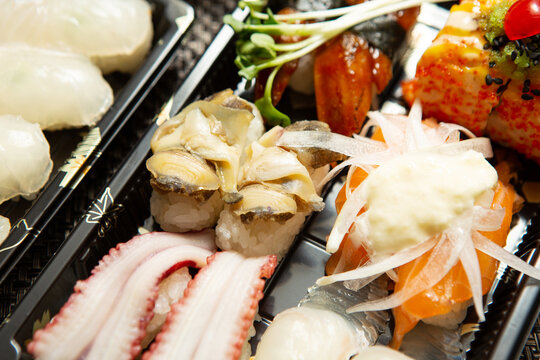 Different types of sushi on a plate