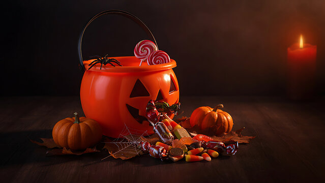 Bright orange Halloween trick or treat pumpkin bucket spilling colorful candies on a dark wooden table created with generative AI